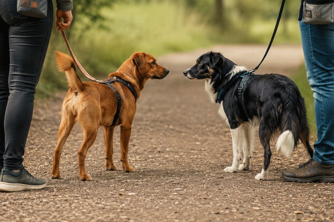 Zwei Hunde stehen sich an lockerer Leine auf einem Feldweg gegenüber
